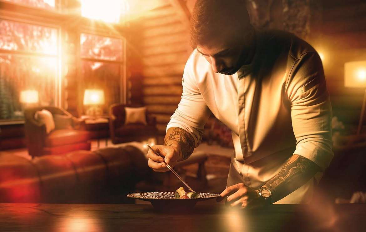 Daniel Ortega plating a dish in a kitchen lit by warm firelight